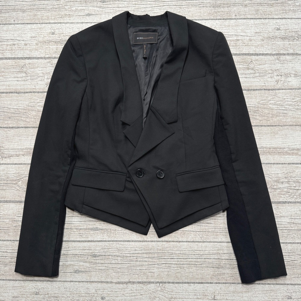 BCBG Blazer Women's Small Black Double Breasted Cropped Tailored Asymmetrical